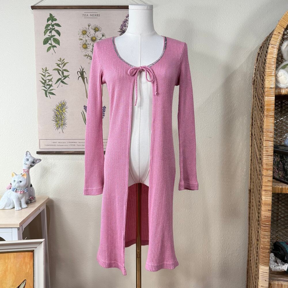 90s Y2k Pink Metallic Ribbed Long Cardigan Sweater Coquette Dolly Himekaji XS S